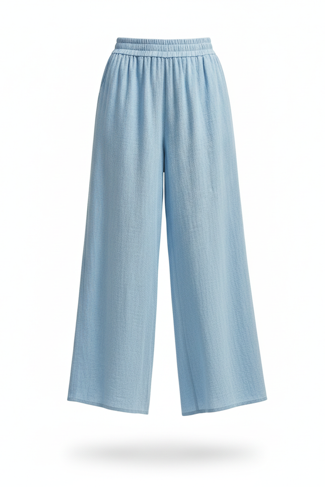 Pantalon En Lin Ample Fluide Bleu Ciel Décontracté - vue 3