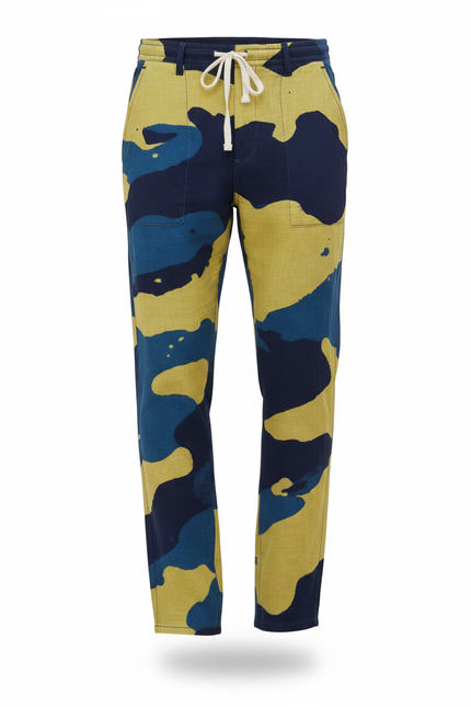 Pantalon En Lin Imprimé Camouflage Jaune Bleu Cordon - vue 3