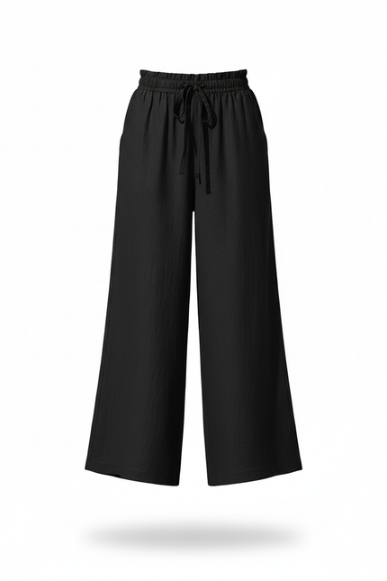 Pantalon En Lin Noir Ample Fluide Taille Haute - vue 3