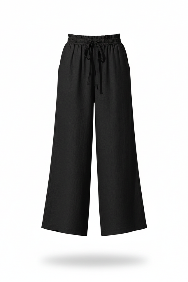 Pantalon En Lin Noir Ample Fluide Taille Haute - vue 3