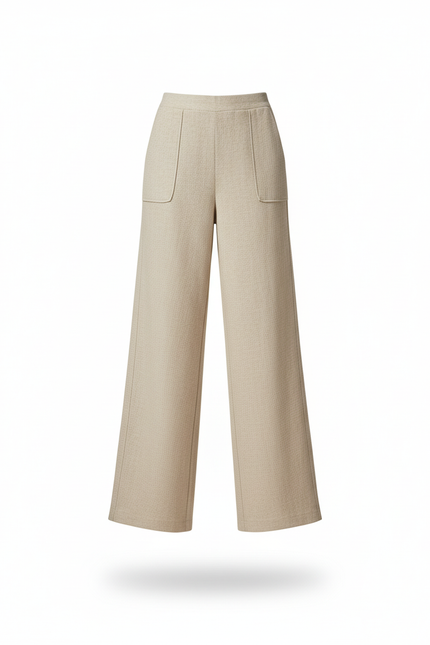 Pantalon En Lin Beige Ample Taille Haute Droit - vue 3