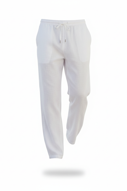 Pantalon En Lin Blanc Homme Ample Cordon Décontracté - vue 3