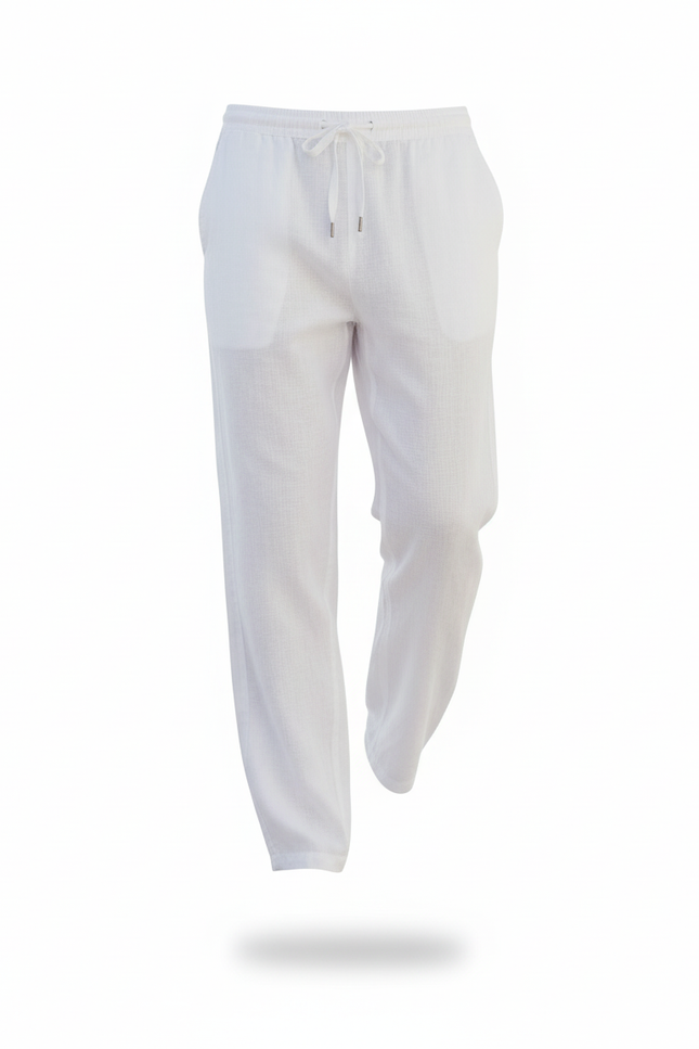 Pantalon En Lin Blanc Homme Ample Cordon Décontracté - vue 3