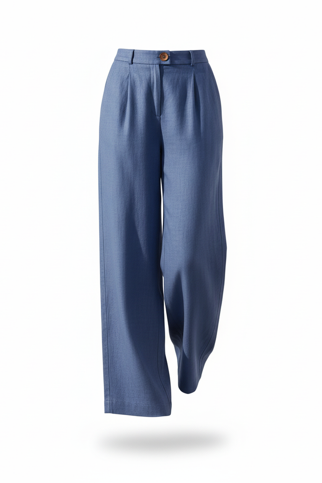 Pantalon En Lin Bleu Ample Plissé Décontracté Fluide - vue 3