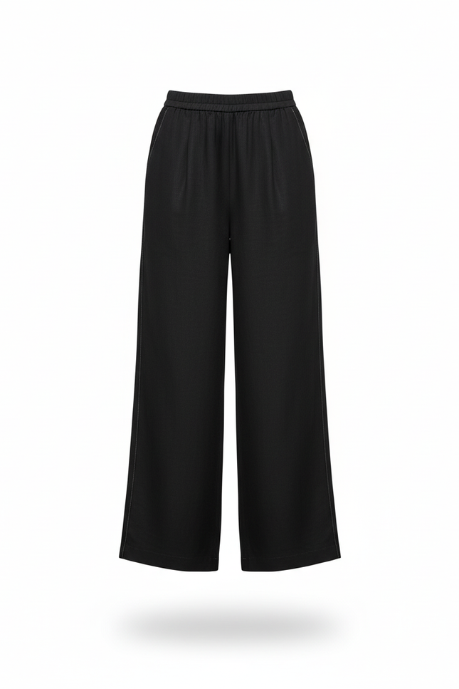 Pantalon En Lin Noir Fluide Ample Décontracté Élégant - vue 3