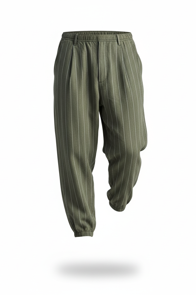 Pantalon En Lin Vert Rayé Ample Homme Décontracté - Kaki - vue 3