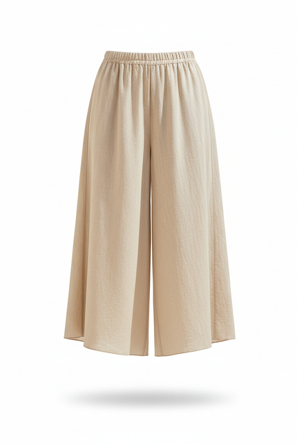 Pantalon En Lin Beige Ample Fluide Taille Élastique - vue 3