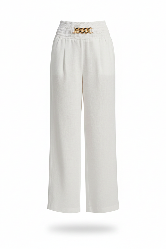 Pantalon En Lin Blanc Taille Haute Fluide Élégant - vue 3