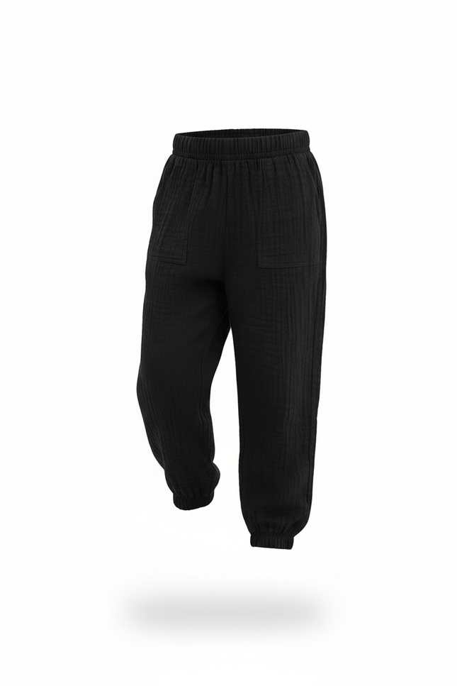 Pantalon En Lin Noir Ample Plissé Décontracté Enfant - vue 3