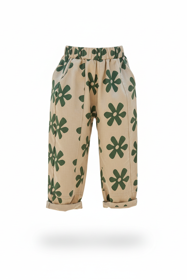 Pantalon En Lin Beige Fleuri Ample Décontracté Enfant - vue 3