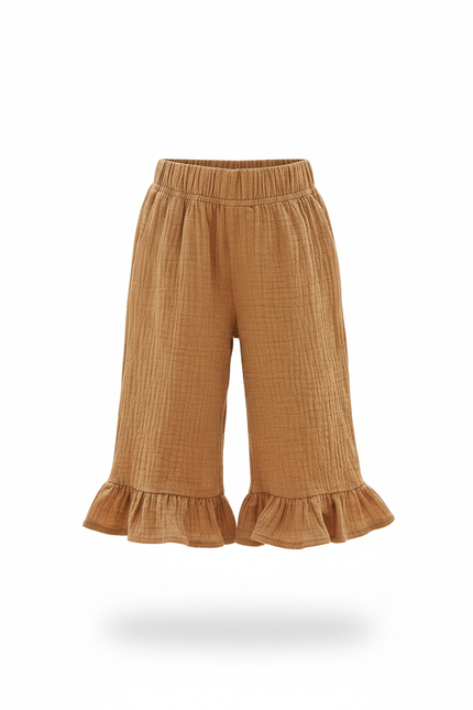 Pantalon En Lin Enfant Marron Ample Volants Coton Confortable - vue 3
