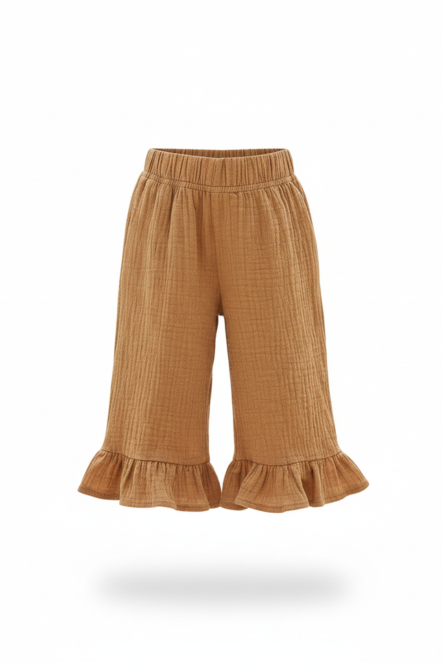 Pantalon En Lin Enfant Marron Ample Volants Coton Confortable - vue 3