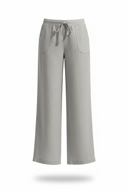 Pantalon En Lin Ample Cordon Taille Haute Femme - Bleu - vue 3