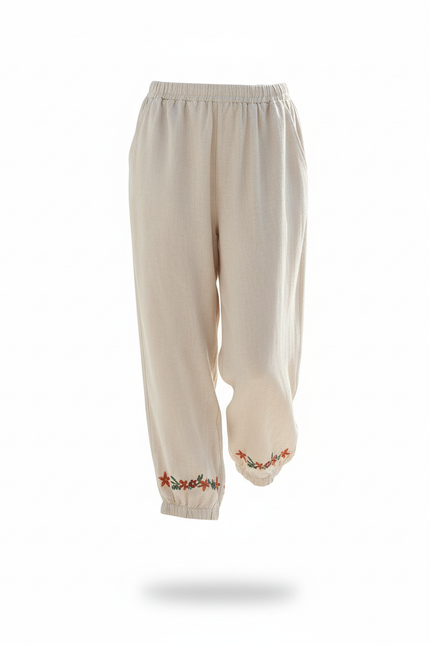 Pantalon En Lin Beige Ample Brodé Décontracté Femme - vue 3