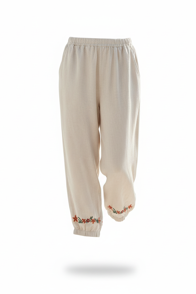 Pantalon En Lin Beige Ample Brodé Décontracté Femme - vue 3