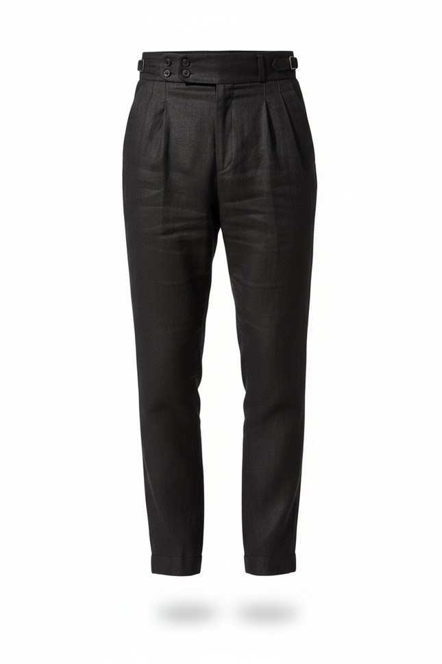Pantalon En Lin Noir Plissé Taille Haute Homme - vue 3