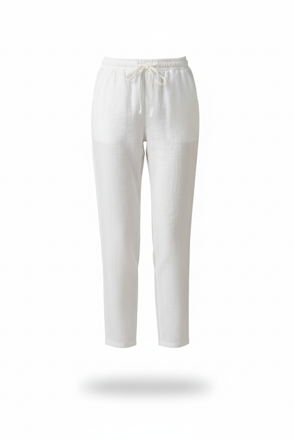 Pantalon Straight Lin Mélangé Taille Élastique - Blanc - vue 3