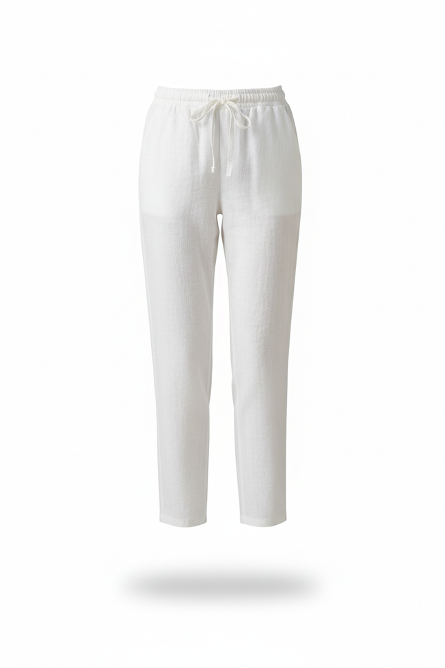 Pantalon Straight Lin Mélangé Taille Élastique - Blanc - vue 3