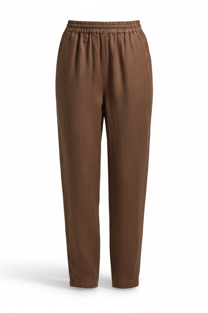 Pantalon En Lin Marron Ample Taille Élastique Femme - vue 3