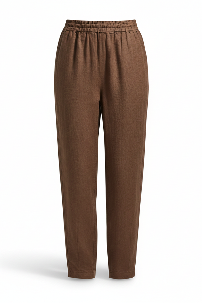 Pantalon En Lin Marron Ample Taille Élastique Femme - vue 3