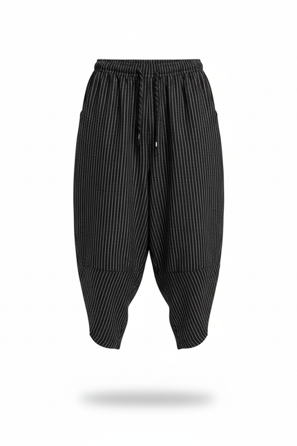 Pantalon En Lin Noir Rayé Ample Harem Décontracté Homme - vue 3