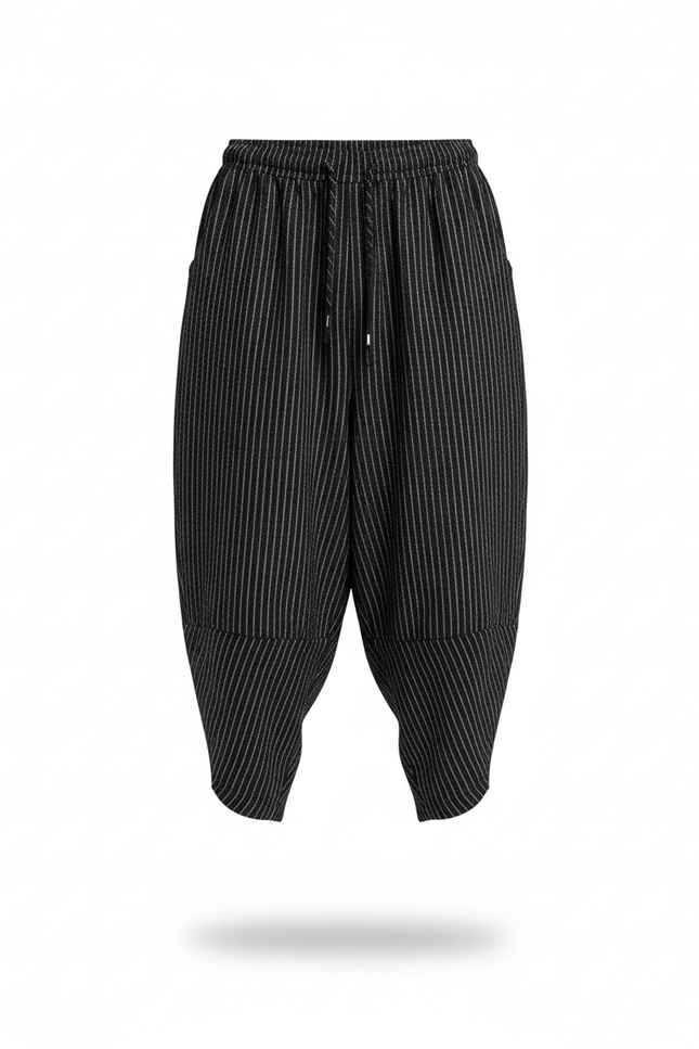 Pantalon En Lin Noir Rayé Ample Harem Décontracté Homme - vue 3