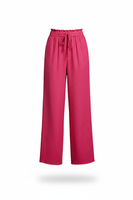 Pantalon En Lin Rose Plissé Ample Taille Haute Femme - vue 3