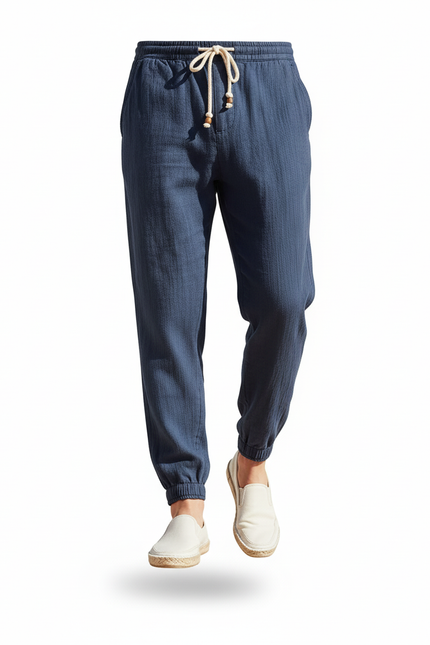 Pantalon En Lin Bleu Marine Cordon Décontracté Fluide Homme - vue 3