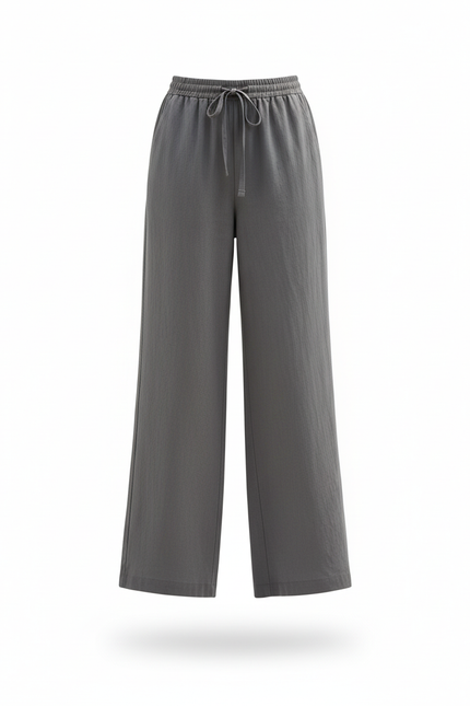 Pantalon En Lin Gris Fluide Ample Taille Élastique - vue 3