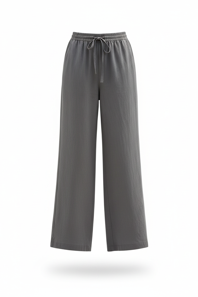 Pantalon En Lin Gris Fluide Ample Taille Élastique - vue 3