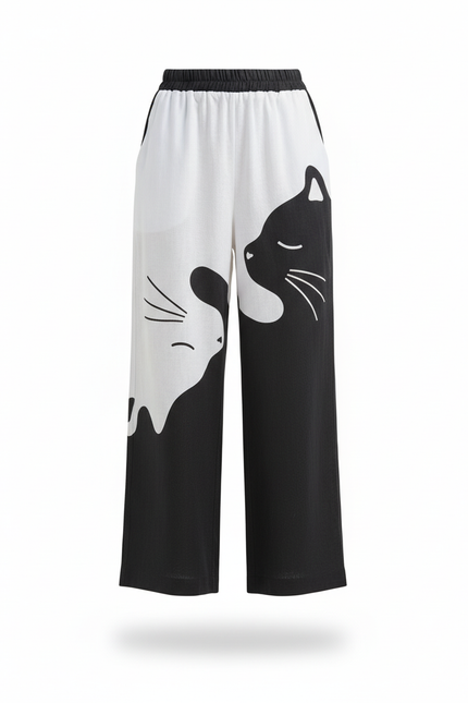 Pantalon En Lin Ample Imprimé Chats Bicolore Décontracté - Multicolore - vue 3