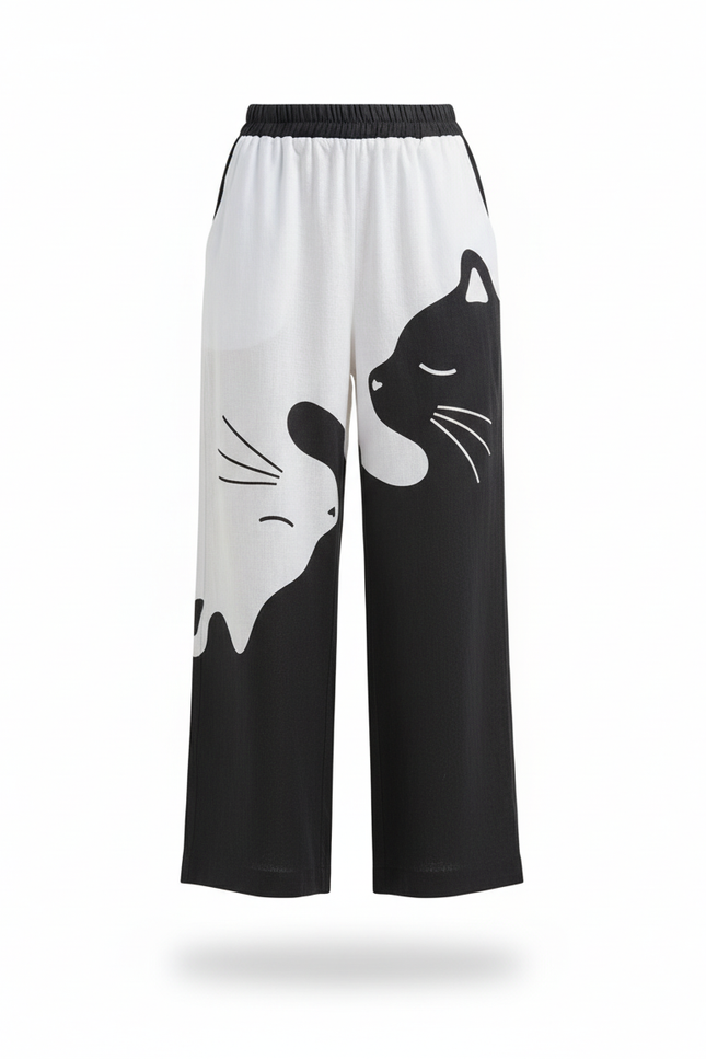 Pantalon En Lin Ample Imprimé Chats Bicolore Décontracté - Multicolore - vue 3
