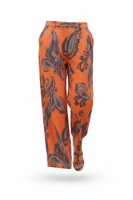 Pantalon En Lin Orange Imprimé Paisley Ample Fluide - vue 3