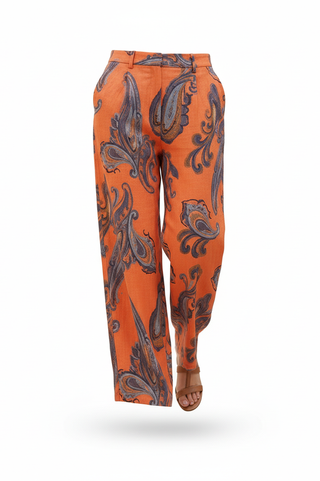 Pantalon En Lin Orange Imprimé Paisley Ample Fluide - vue 3