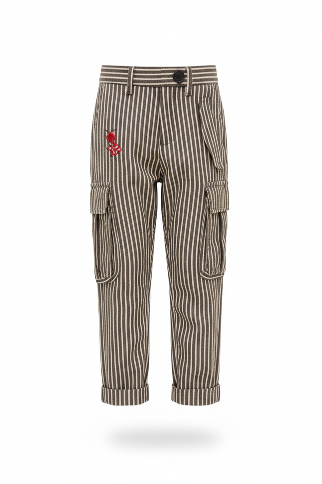 Pantalon En Lin Rayé Marron Cargo Enfant Décontracté - vue 3