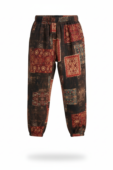 Pantalon En Lin Imprimé Patchwork Ample Garçon Décontracté - vue 3