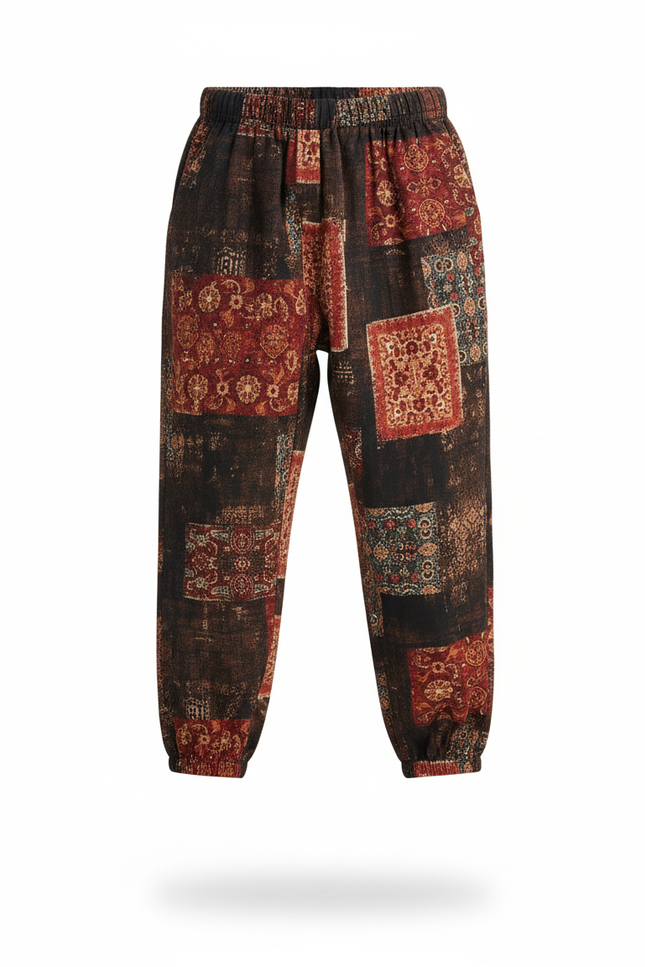 Pantalon En Lin Imprimé Patchwork Ample Garçon Décontracté - vue 3
