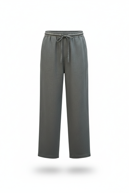 Pantalon En Lin Homme Ample Droit Décontracté Cordon Gris - vue 3