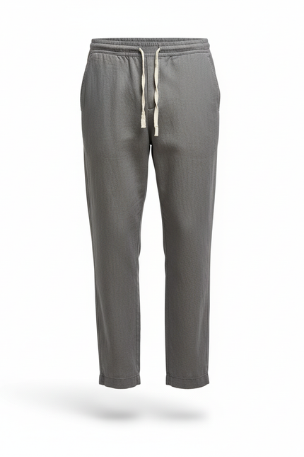 Pantalon En Lin Gris Droit Cordon Décontracté Homme - vue 3