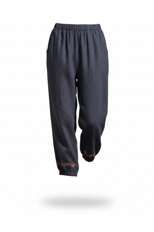 Pantalon En Lin Sarouel Bleu Brodé Décontracté - Marine - vue 3