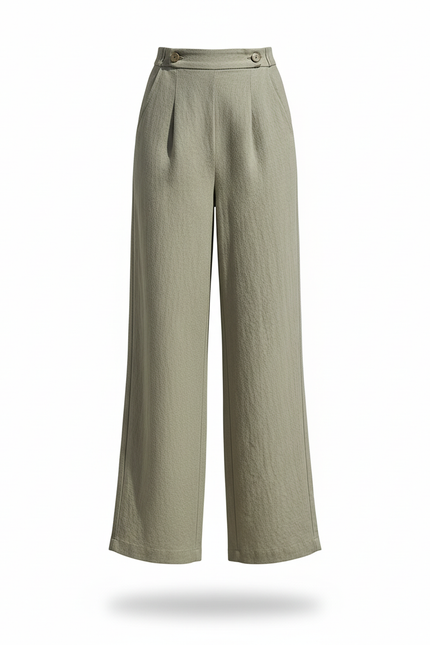 Pantalon En Lin Vert Ample Plissé Taille Haute Fluide - Kaki - vue 3
