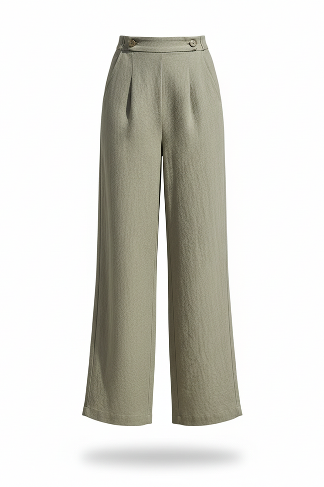 Pantalon En Lin Vert Ample Plissé Taille Haute Fluide - Kaki - vue 3