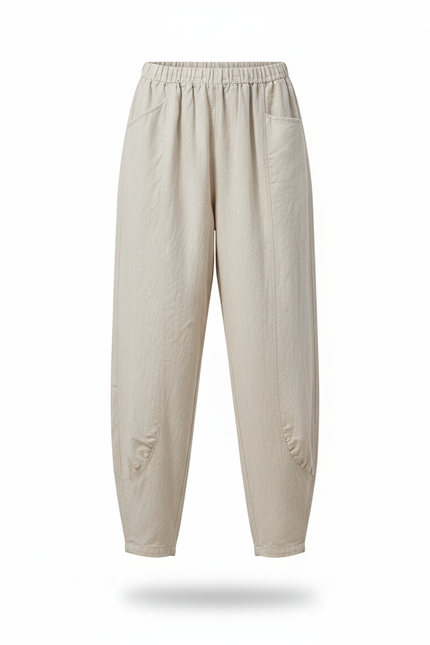 Pantalon En Lin Ample Beige Taille Haute Femme - vue 3