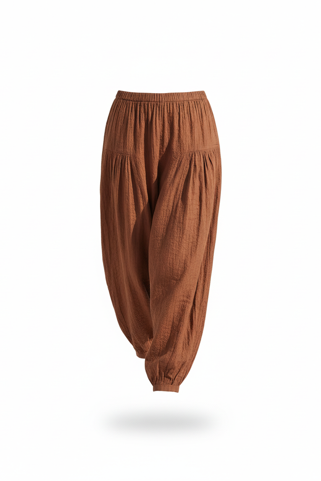 Pantalon En Lin Marron Ample Plissé Décontracté Femme - vue 3