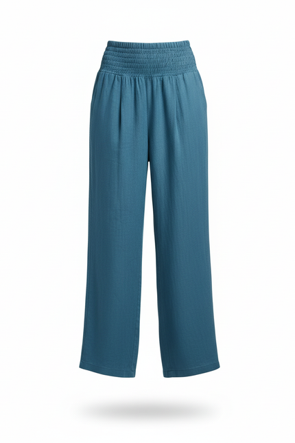 Pantalon En Lin Ample Bleu Taille Haute Femme - vue 3