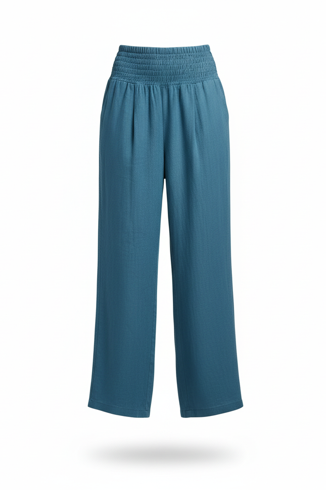 Pantalon En Lin Ample Bleu Taille Haute Femme - vue 3