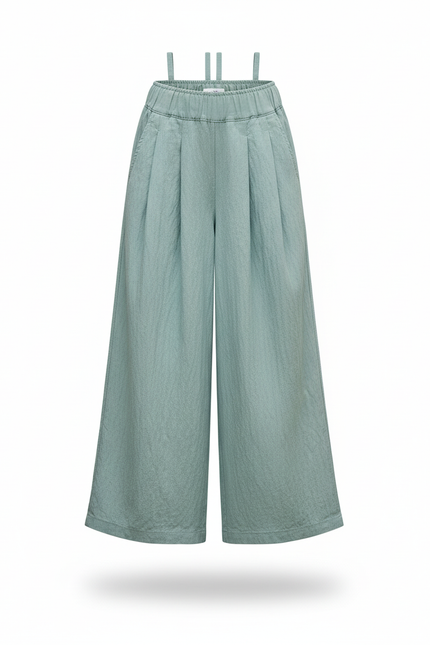 Pantalon En Lin Vert Ample Plissé Élastique Enfant - vue 3