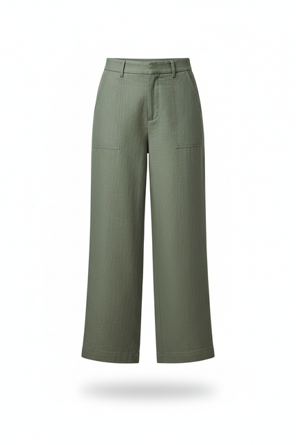 Pantalon En Lin Vert Ample Taille Haute Décontracté - Kaki - vue 3