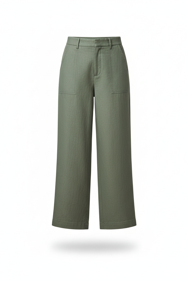 Pantalon En Lin Vert Ample Taille Haute Décontracté - Kaki - vue 3