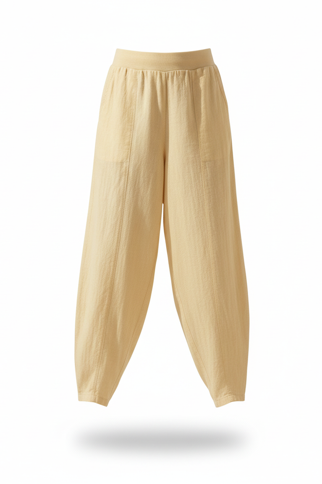 Pantalon En Lin Ample Élastique Jaune Femme Chic - vue 3